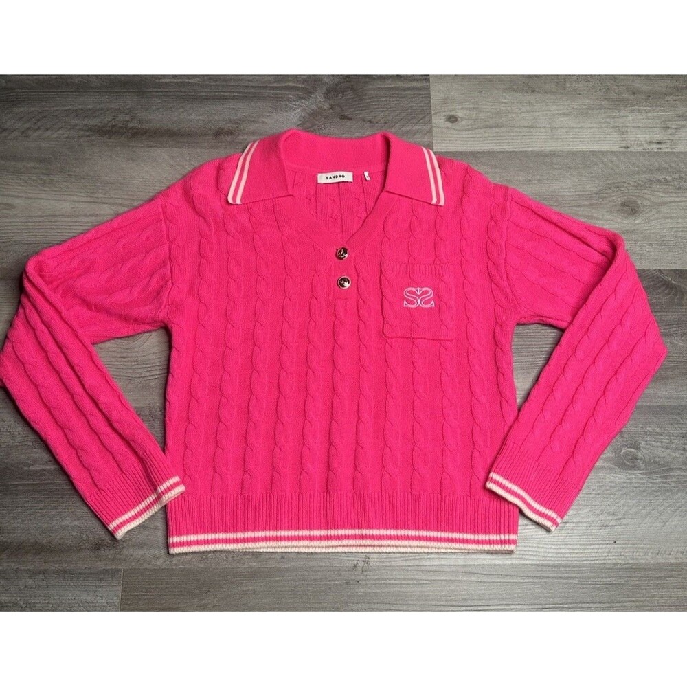 Sandro Sweater Womens Medium Pink Cable Knit Wool Cashmere Polo Boxy Gaultier